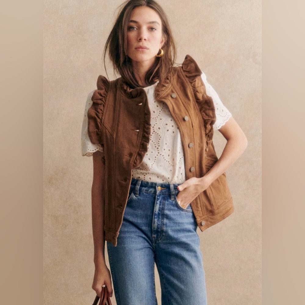 Sezane Brown Ruffled Sleeveless Vest
